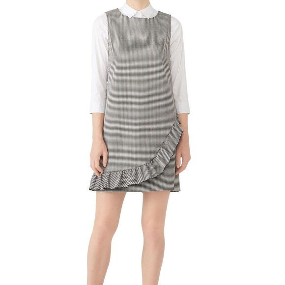 Tara Jarmon Houndstooth Ruffle Shift Dress Jumper EU 44 / US 12 Black White Wine - Picture 1 of 7